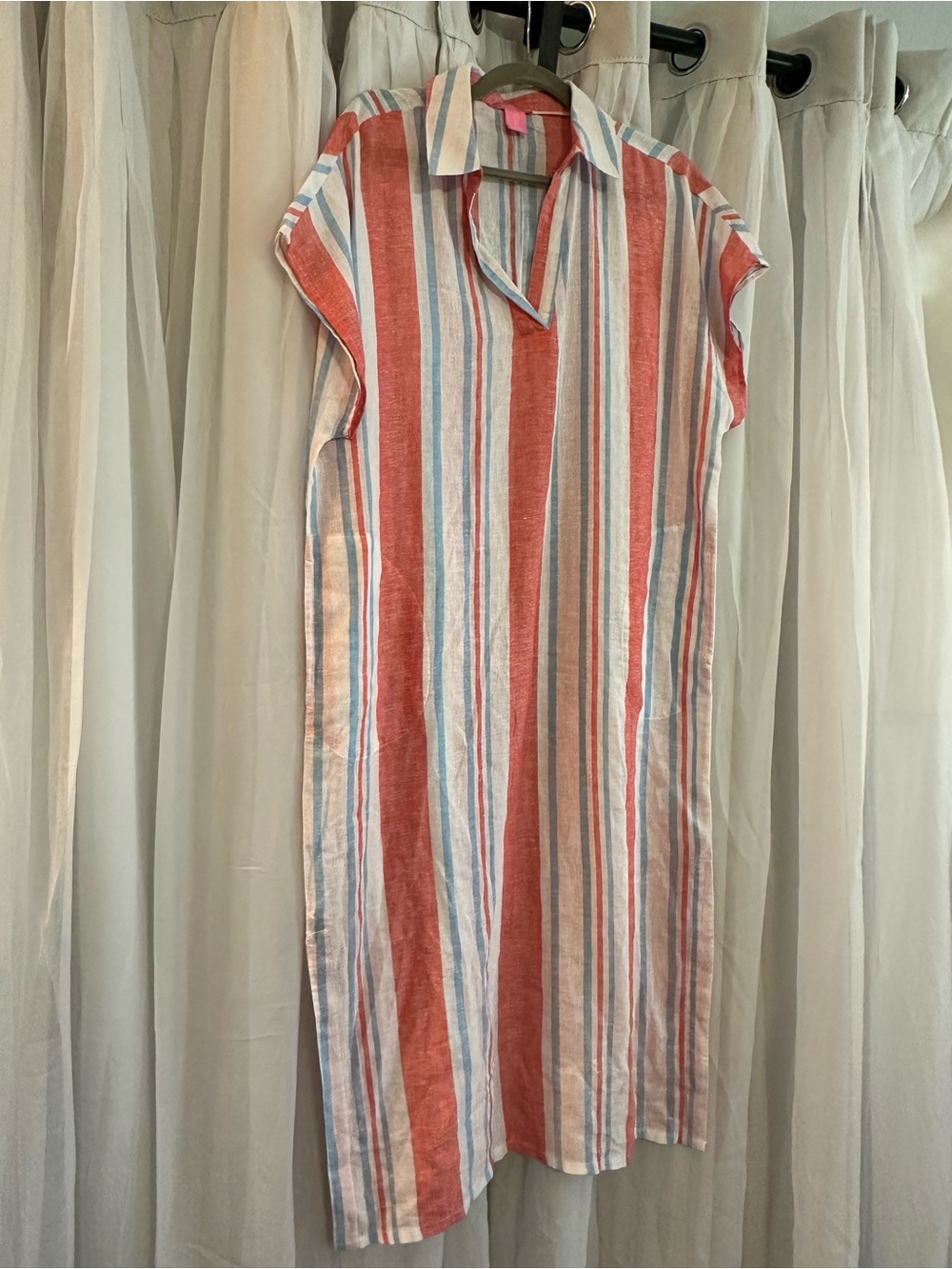 Isaac Mizrahi Striped Collared Midi Dress in Light Red, blue  and White.